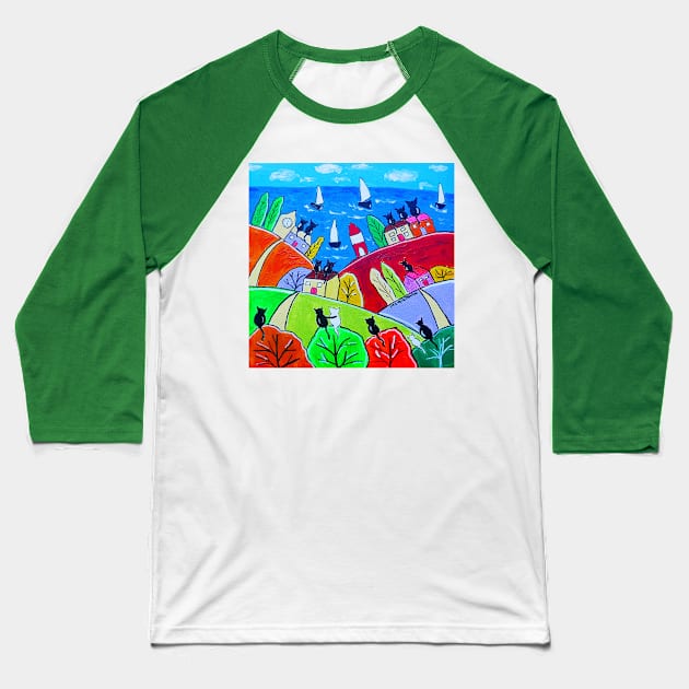 Cats on colourful roofs looking at sailing boats Baseball T-Shirt by Casimirasquirkyart